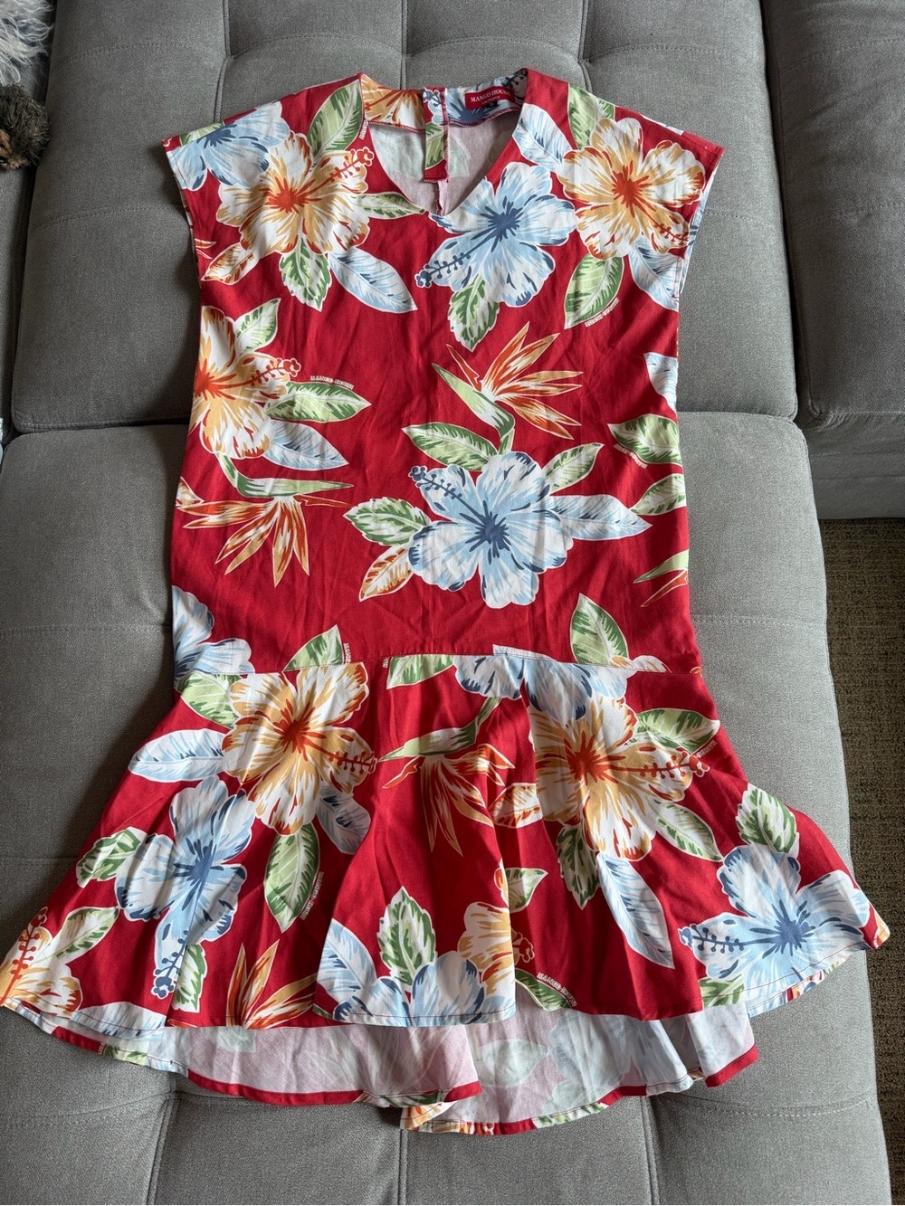 Authentic Okinawa Japan Floral Tropical Dress Red Blue Hibiscus Kariyushi Mango